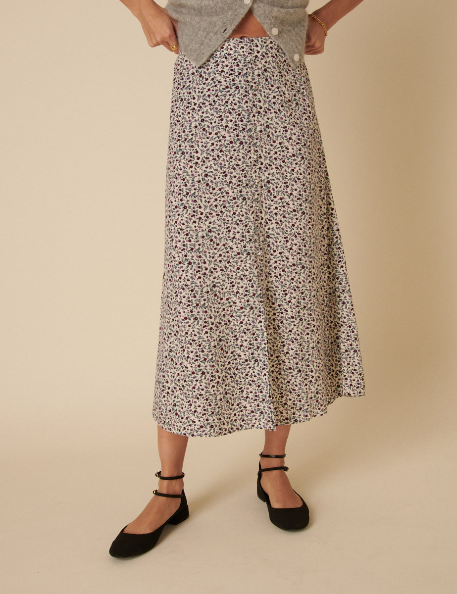 Cream Ditsy Floral Sadie Midi Skirt