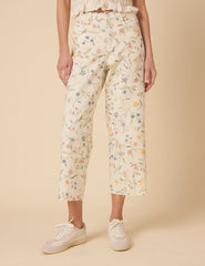 White Floral High Rise Wide Leg Cropped Jeans