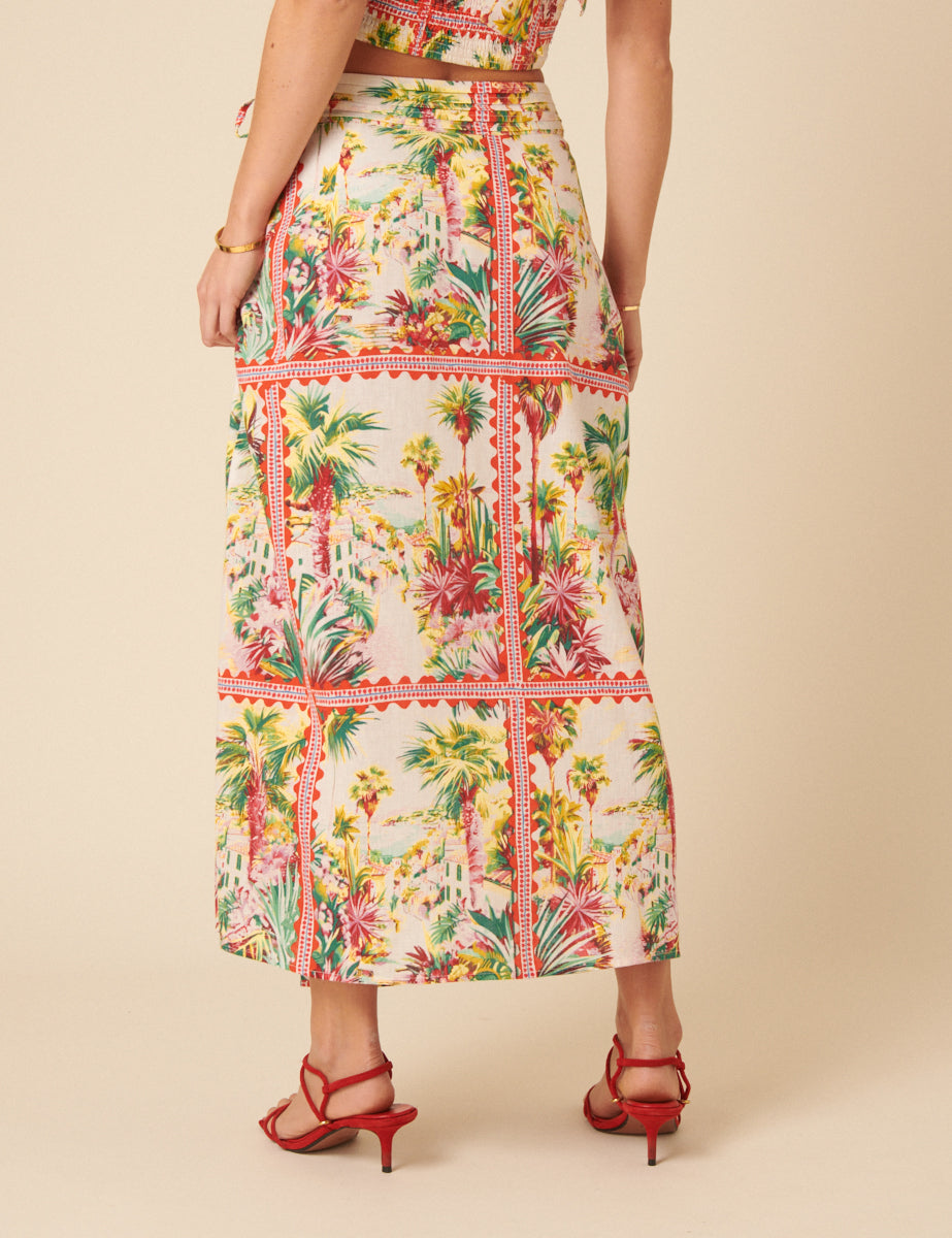 White Printed Wrap Midi Skirt