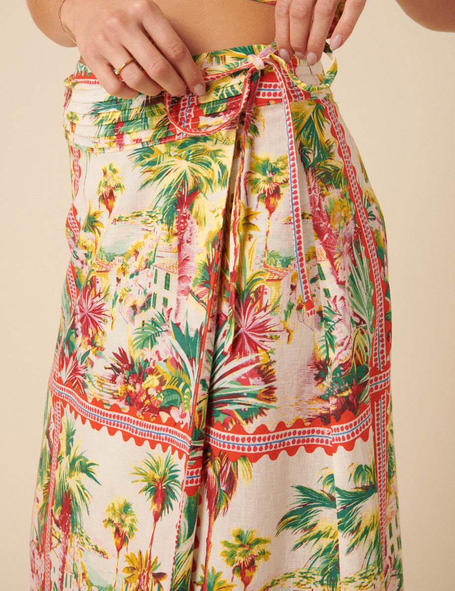 White Printed Wrap Midi Skirt