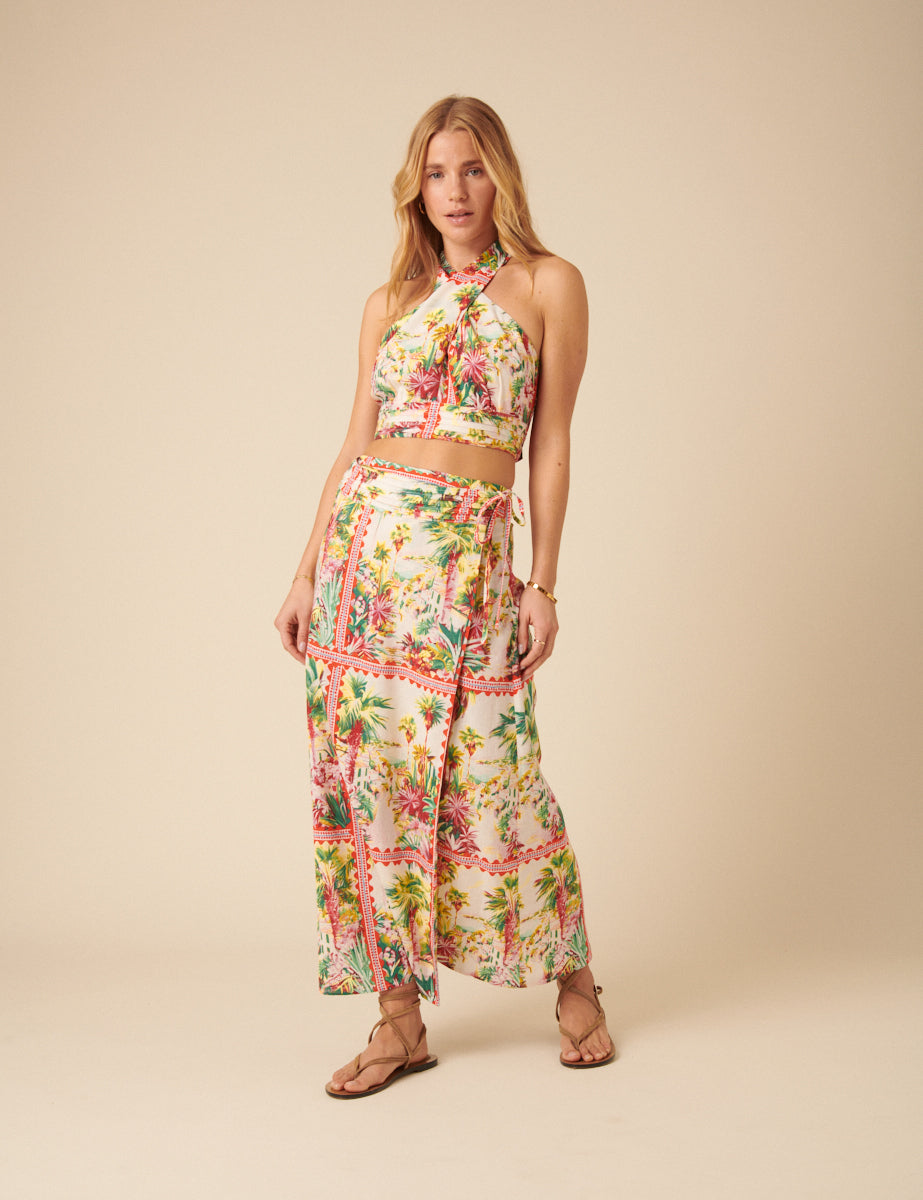 White Printed Wrap Midi Skirt