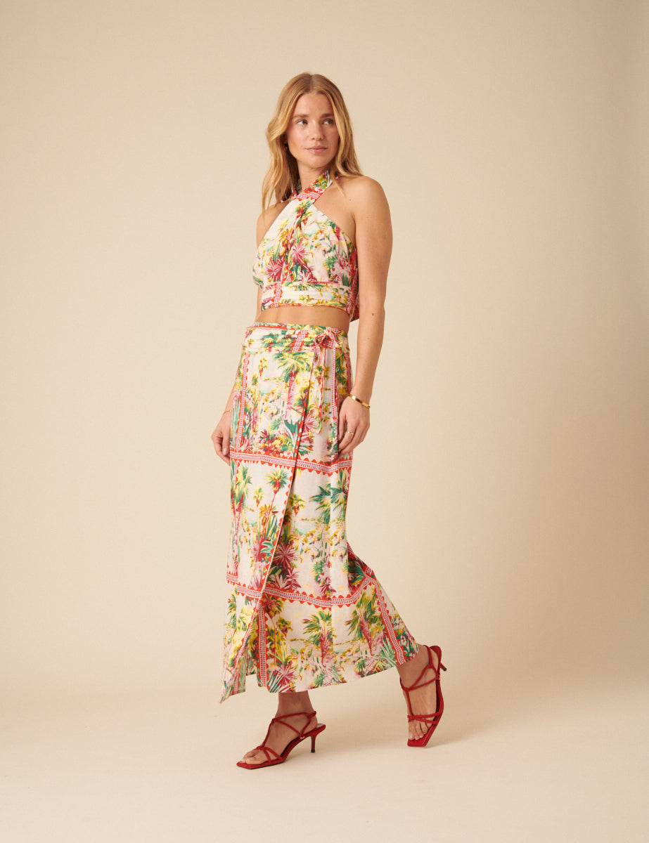 White Printed Wrap Midi Skirt