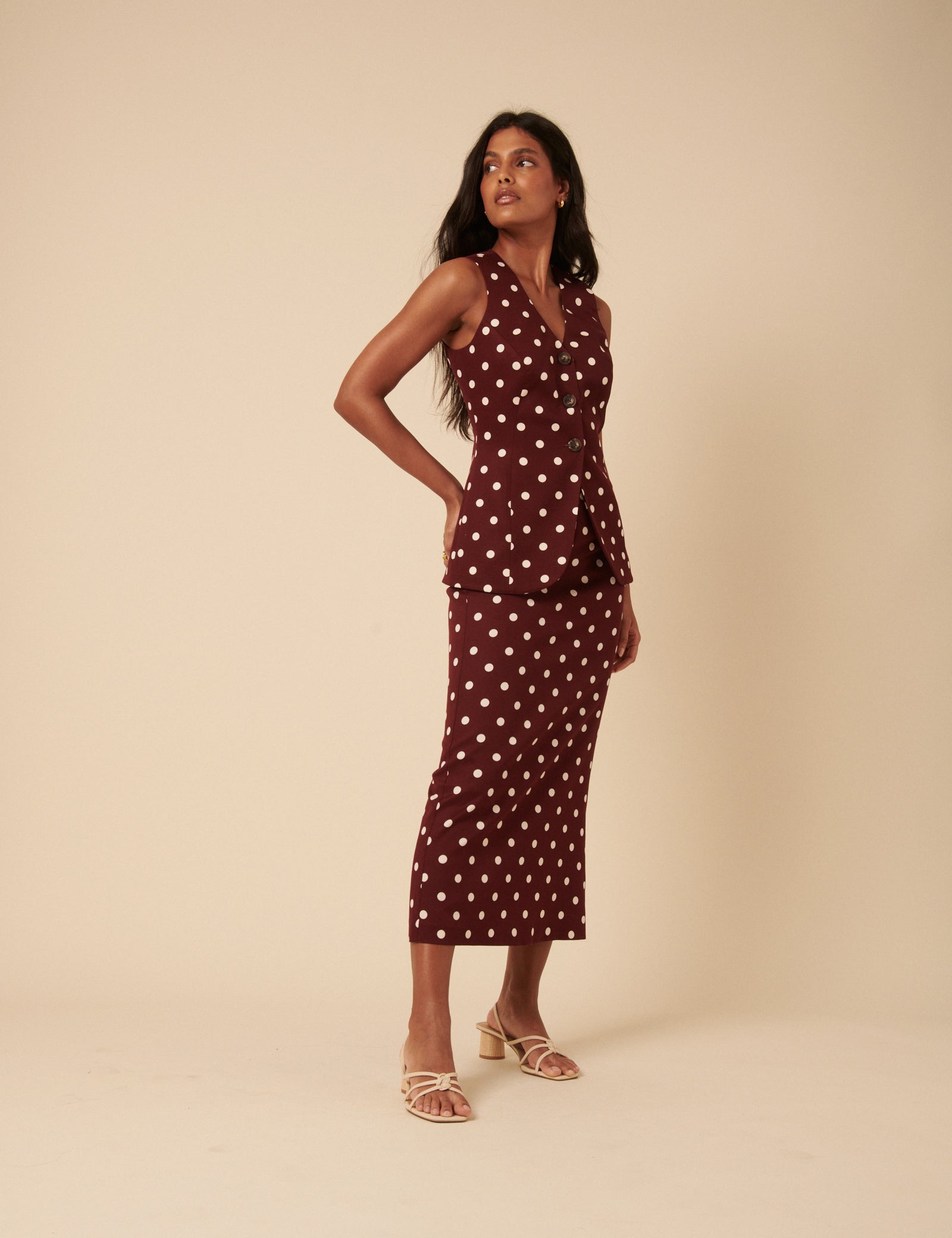 Burgundy Polka Dot Midi Skirt