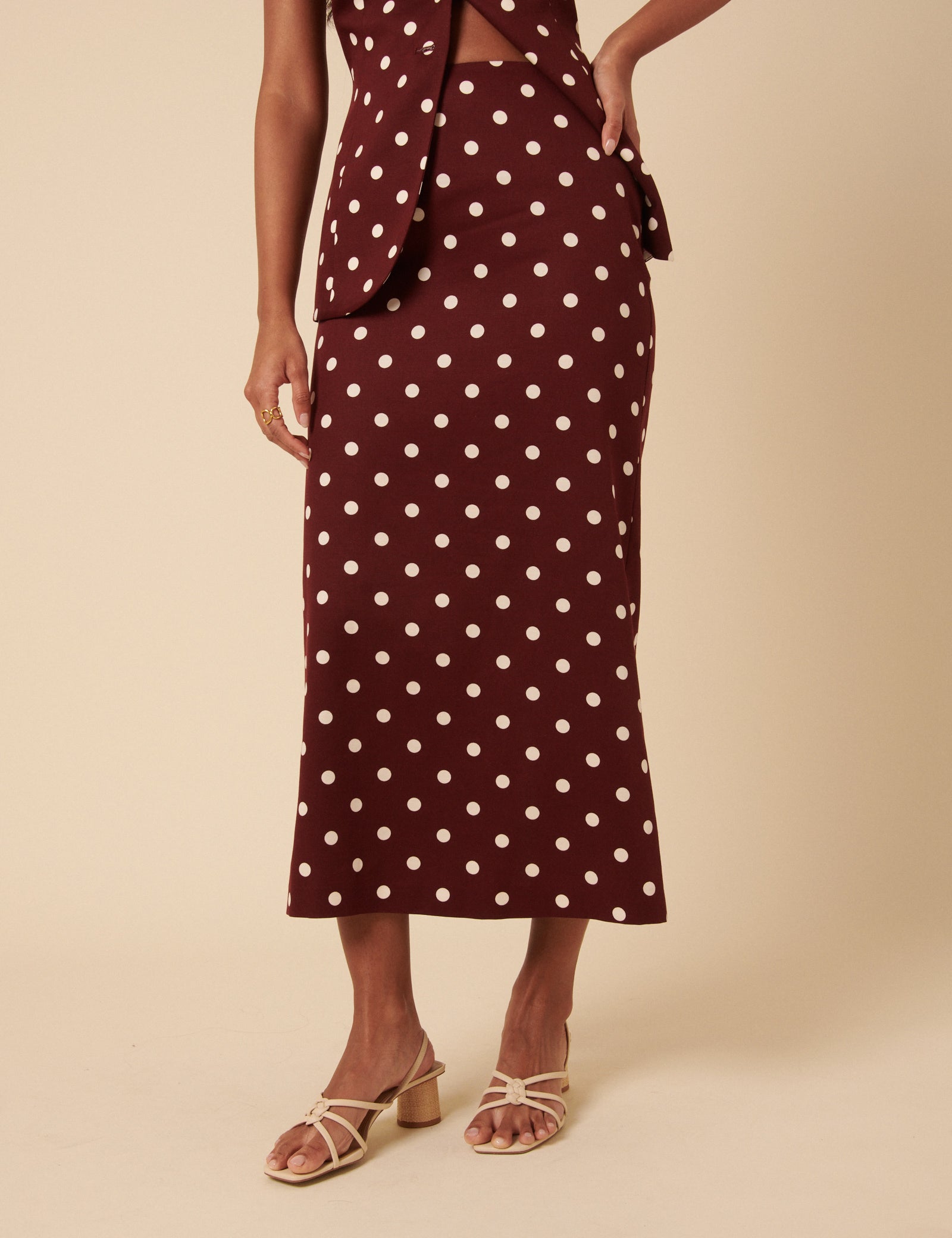Burgundy Polka Dot Midi Skirt