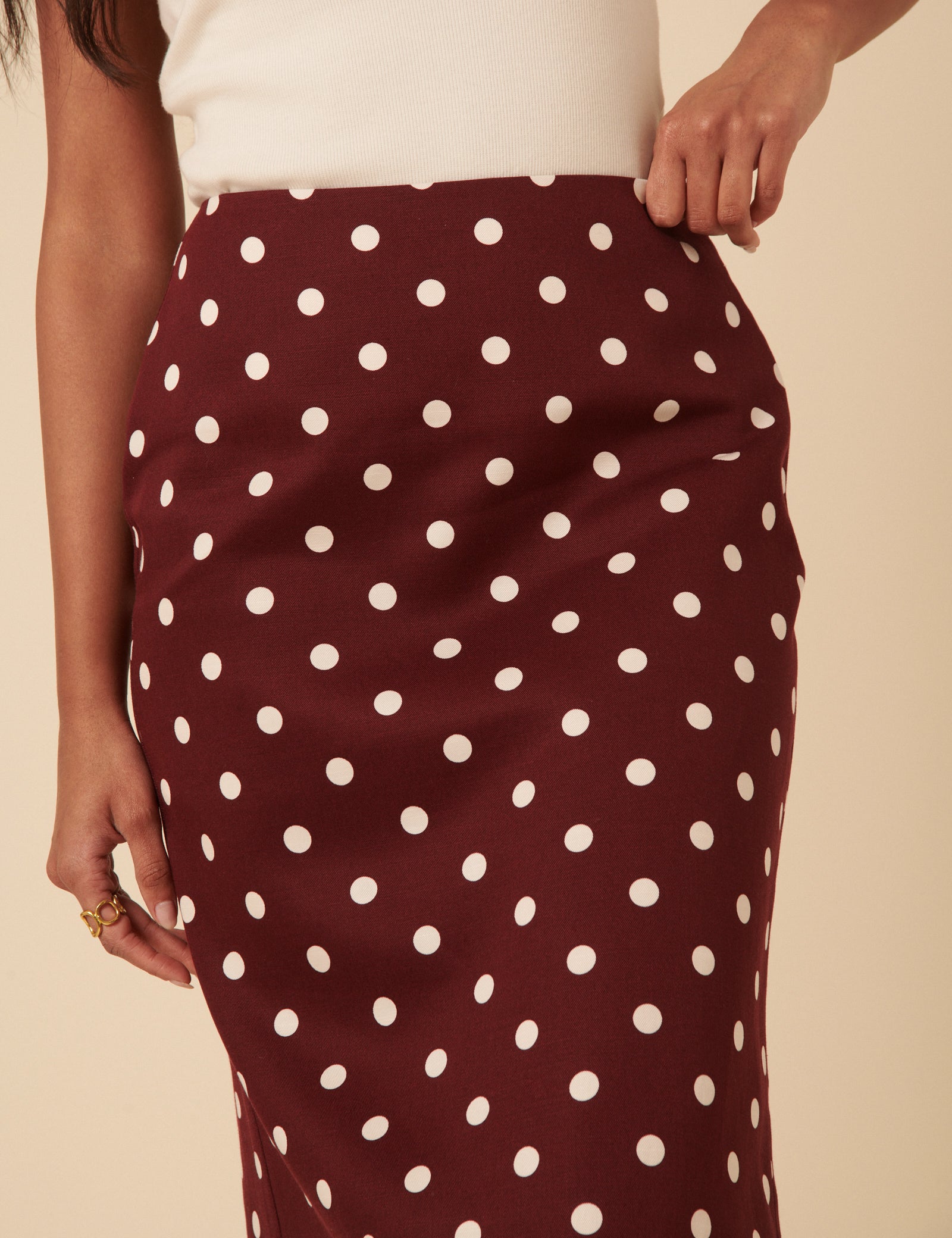 Burgundy Polka Dot Midi Skirt