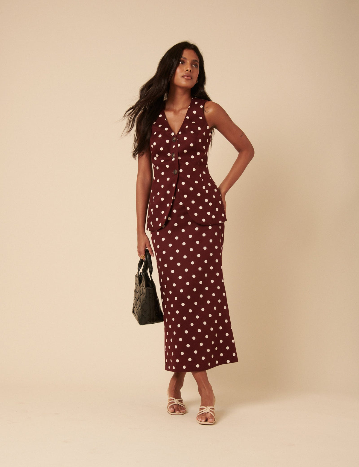 Burgundy Polka Dot Midi Skirt