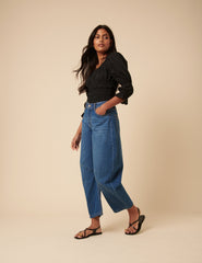Blue High Rise Horseshoe Barrel Leg Jeans