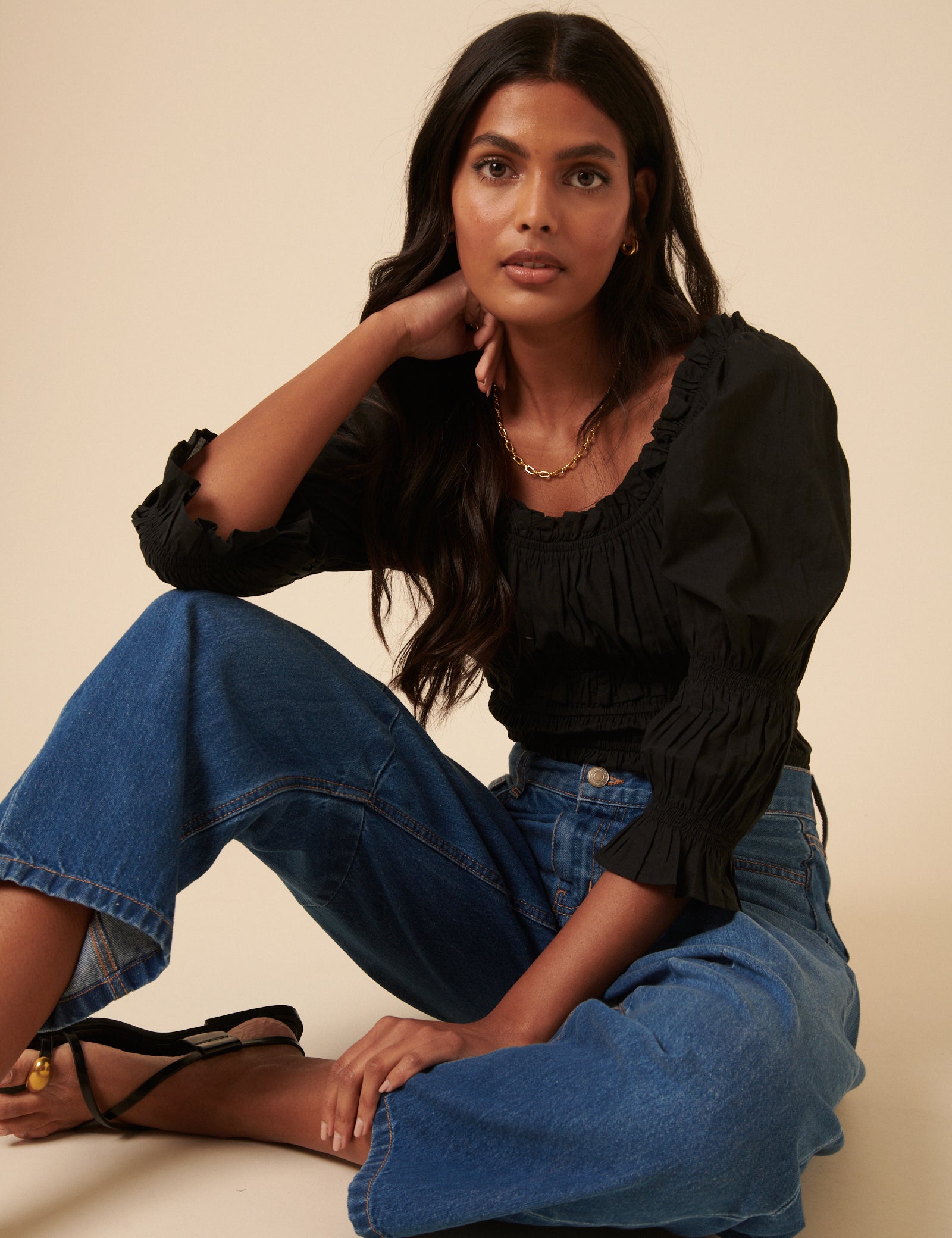 Blue High Rise Horseshoe Barrel Leg Jeans