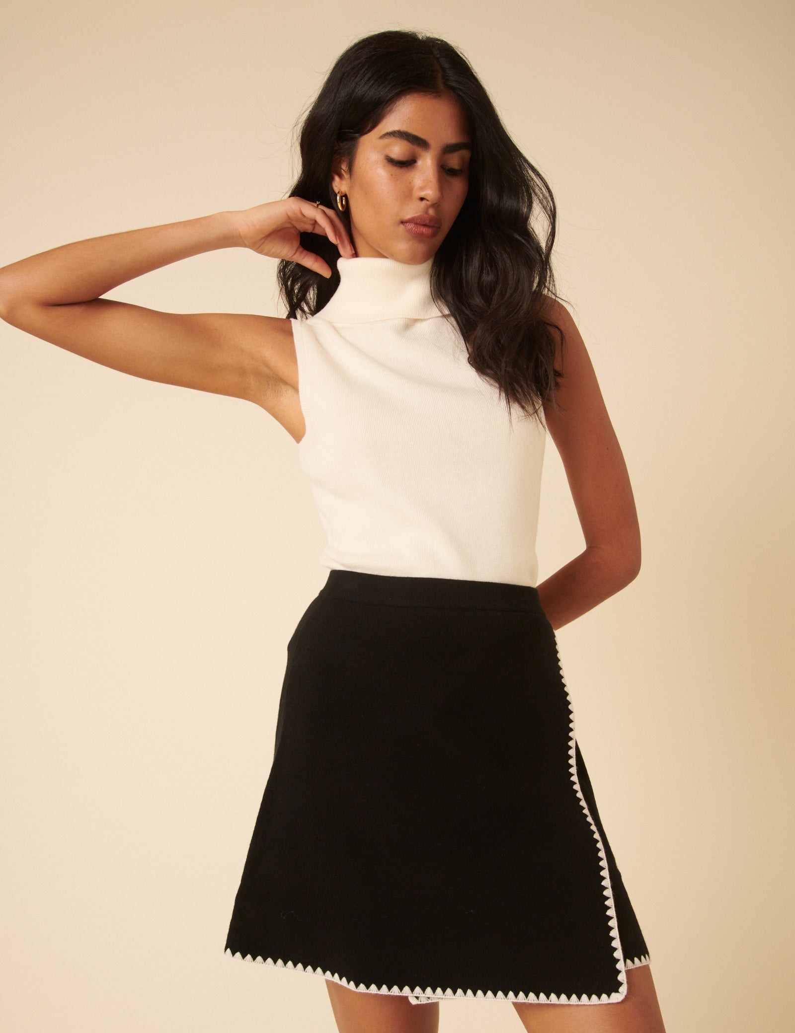 Black Whipstitch Knitted Mini Wrap Skirt