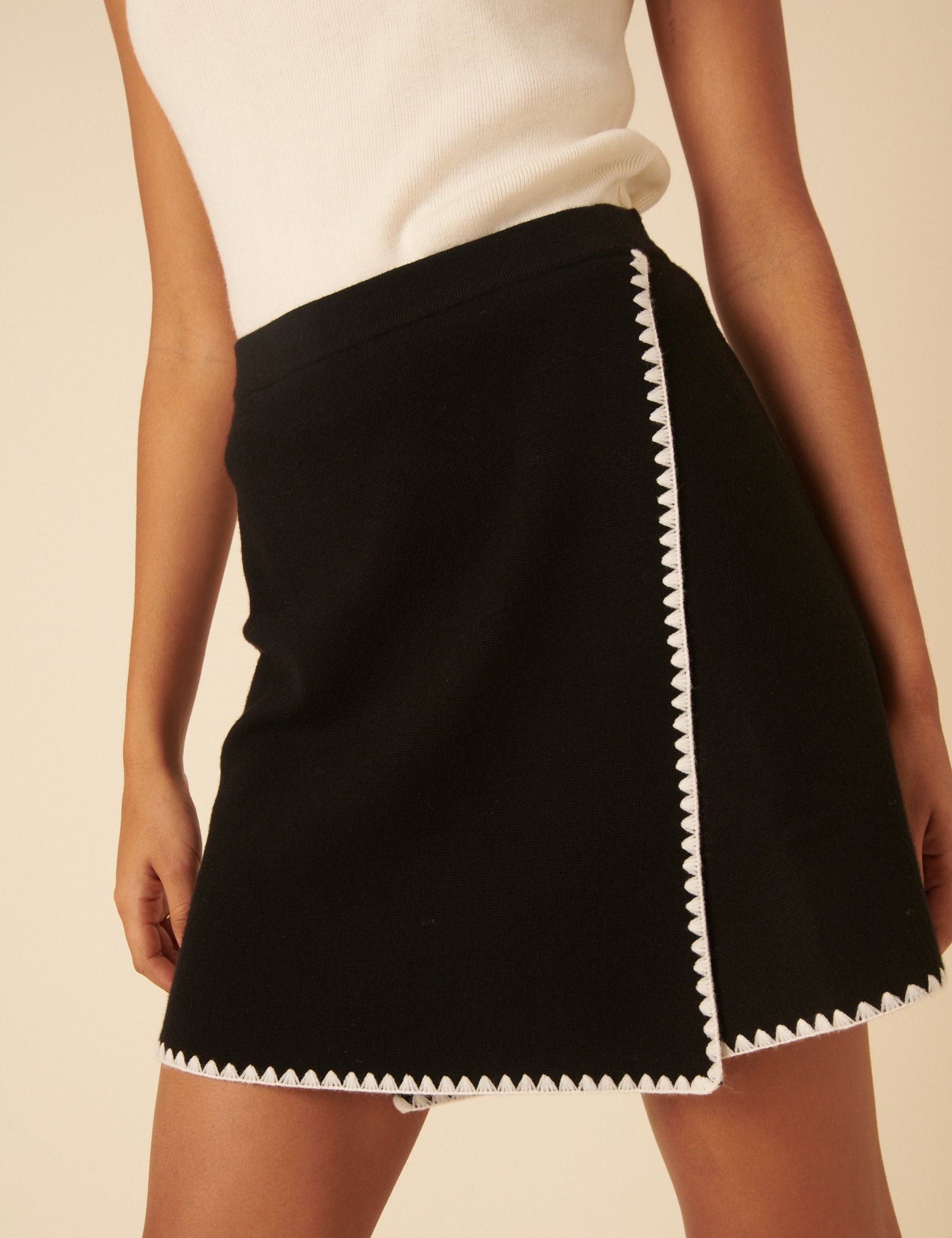 Black Whipstitch Knitted Mini Wrap Skirt