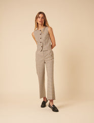 Beige Gingham Check Tailored Cropped Trousers