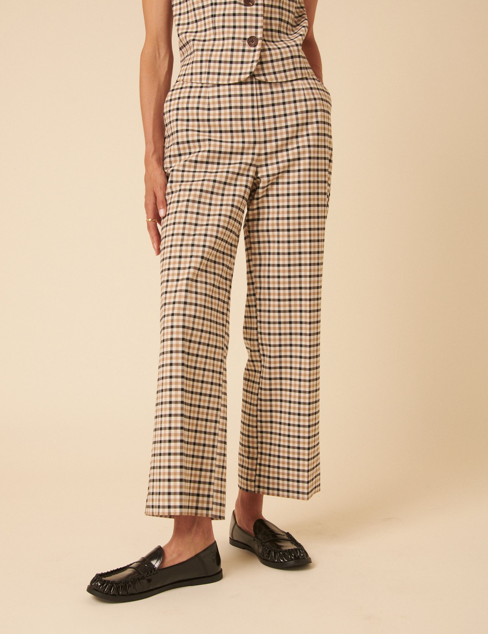 Beige Gingham Check Tailored Cropped Trousers