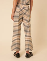 Beige Gingham Check Tailored Cropped Trousers