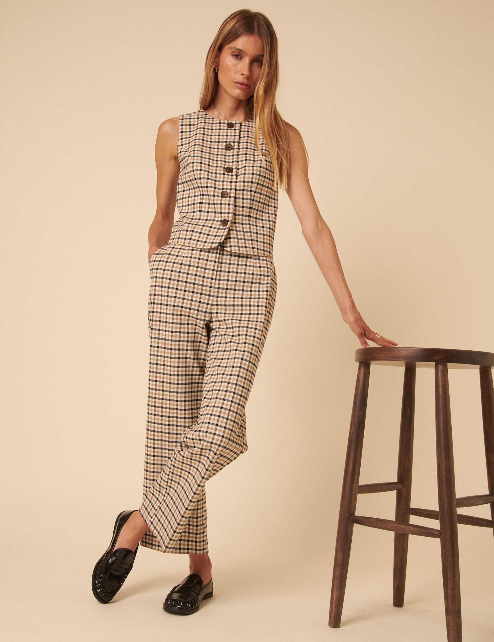 Beige Gingham Check Tailored Cropped Trousers