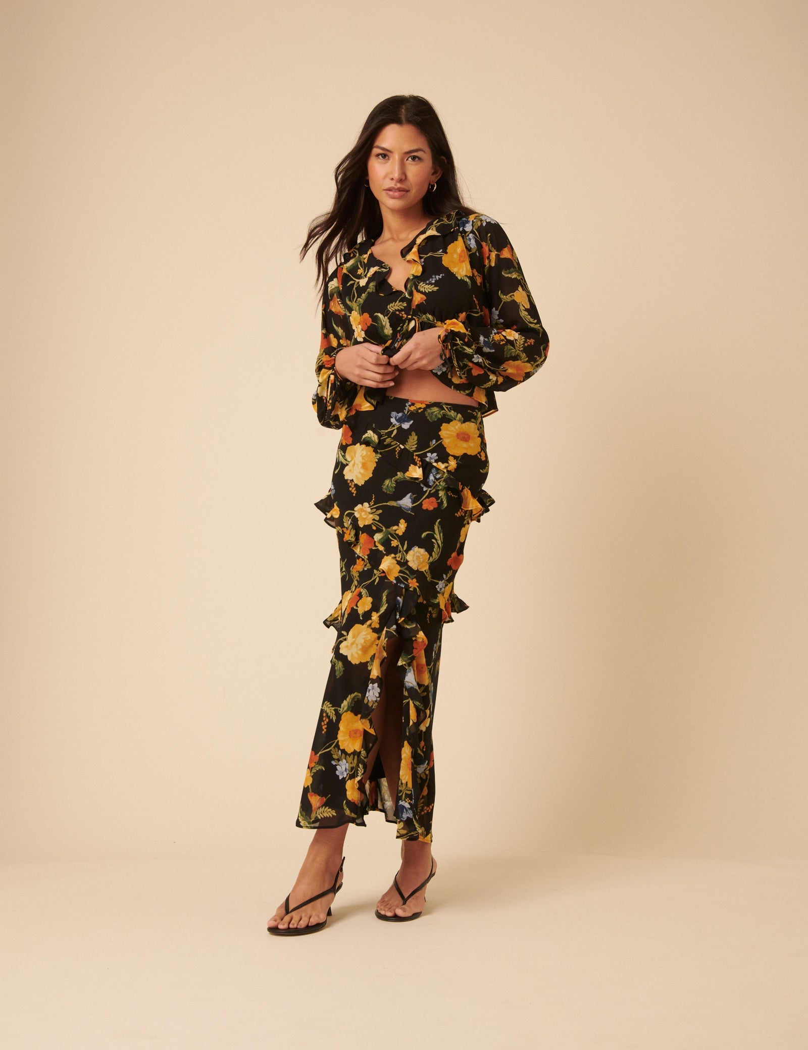 Black Floral Ruffle Midi Skirt