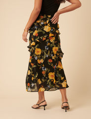 Black Floral Ruffle Midi Skirt