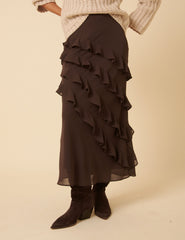 Brown Ruffle Midi Skirt