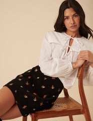 Black Cord Floral Embroidered Mini Skirt