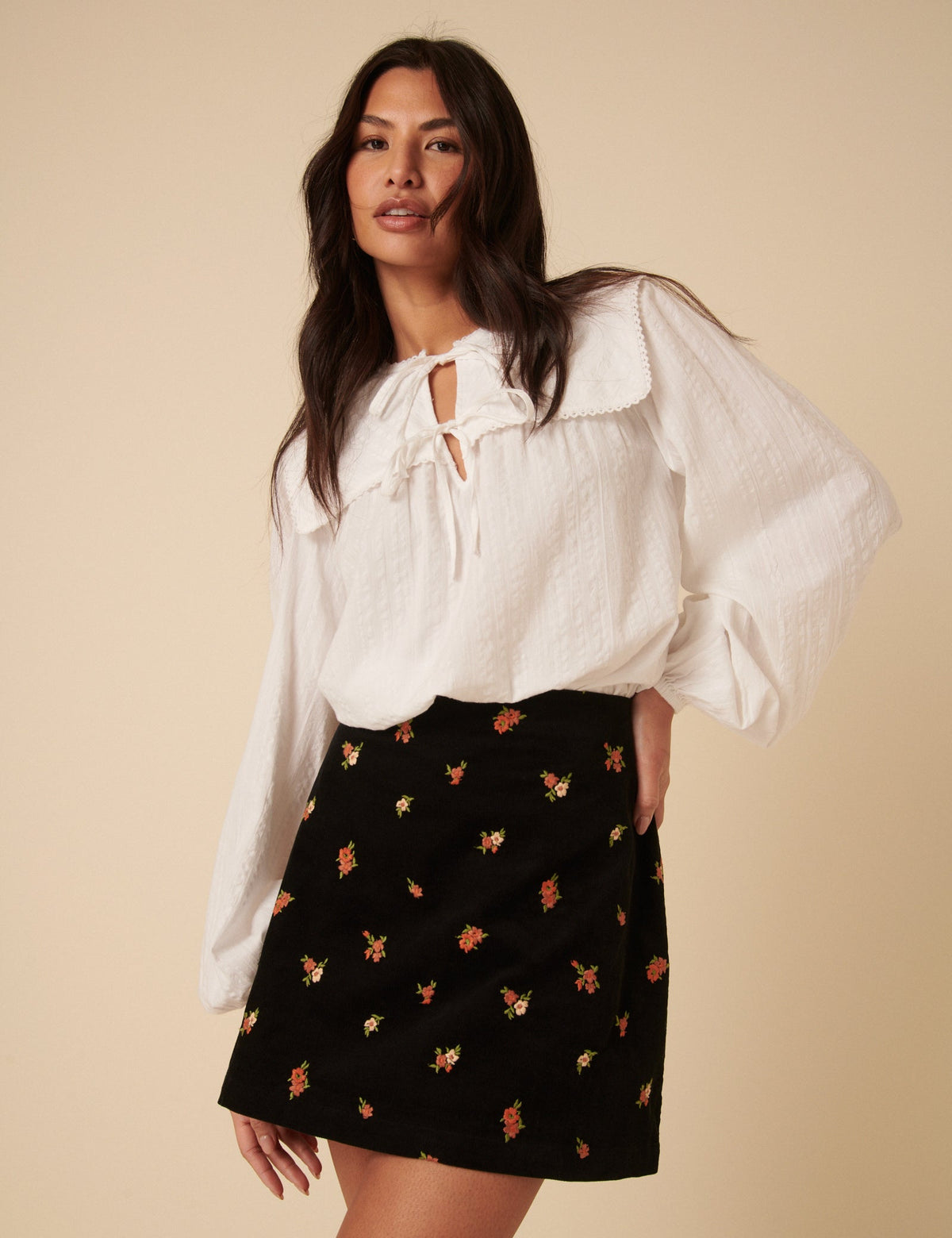 Black Cord Floral Embroidered Mini Skirt