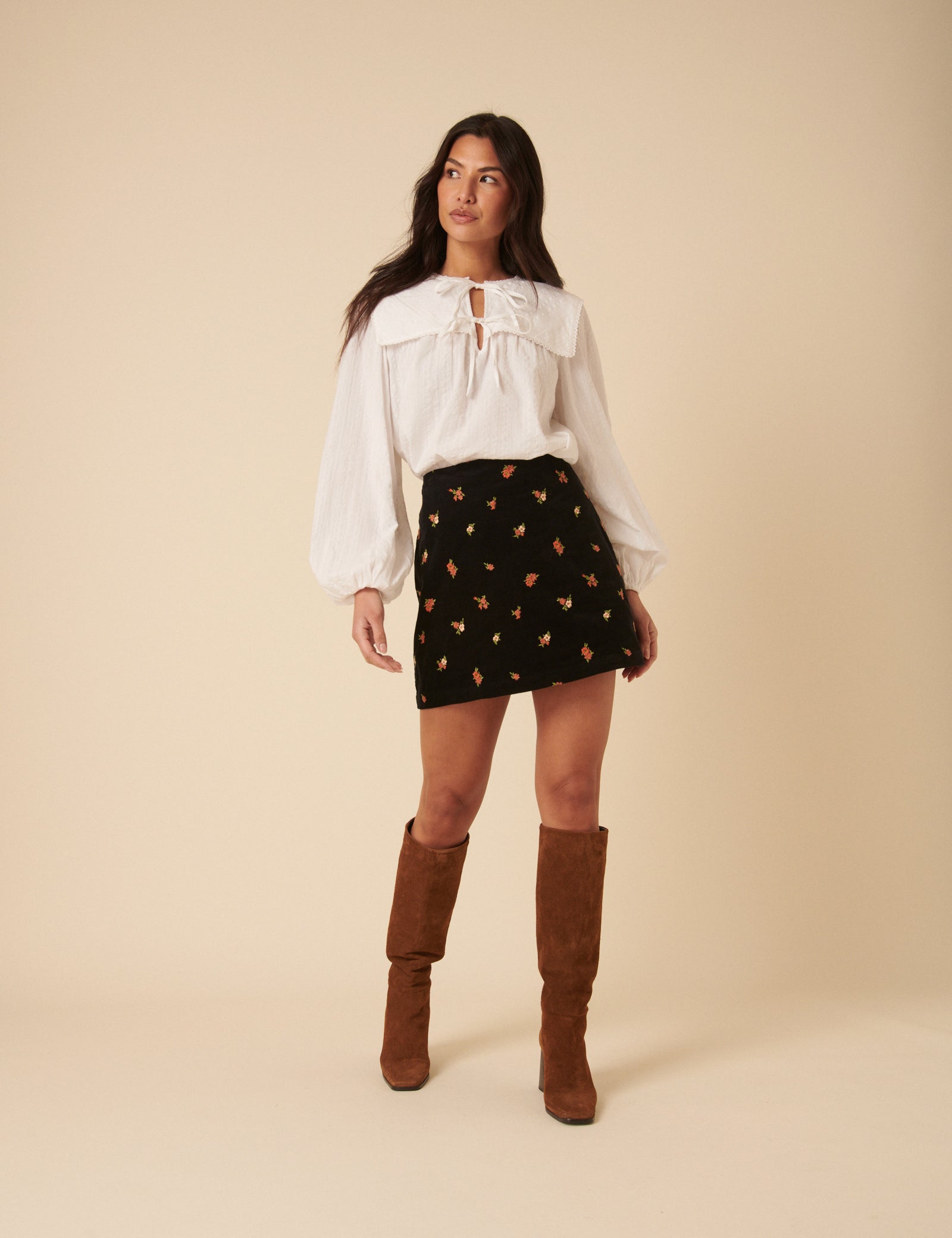 Black Cord Floral Embroidered Mini Skirt