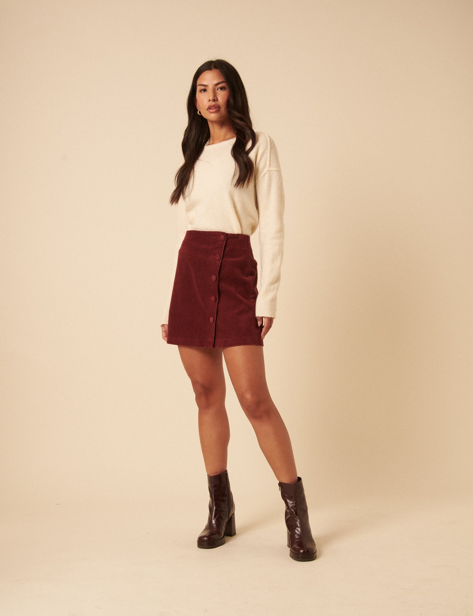 Burgundy Cord Asymmetric Mini Skirt