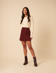 Burgundy Cord Asymmetric Mini Skirt