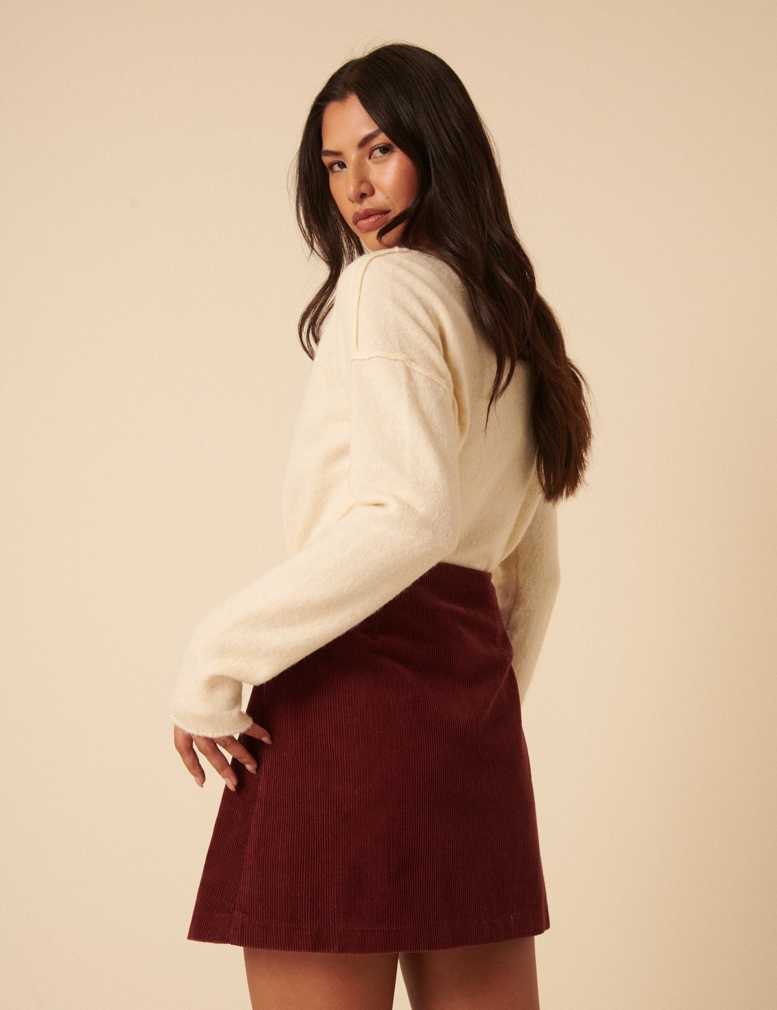 Burgundy Cord Asymmetric Mini Skirt