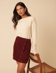 Burgundy Cord Asymmetric Mini Skirt