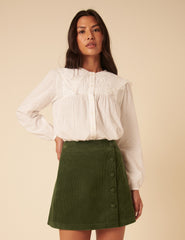 Green Cord Asymmetric Mini Skirt