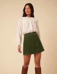 Green Cord Asymmetric Mini Skirt