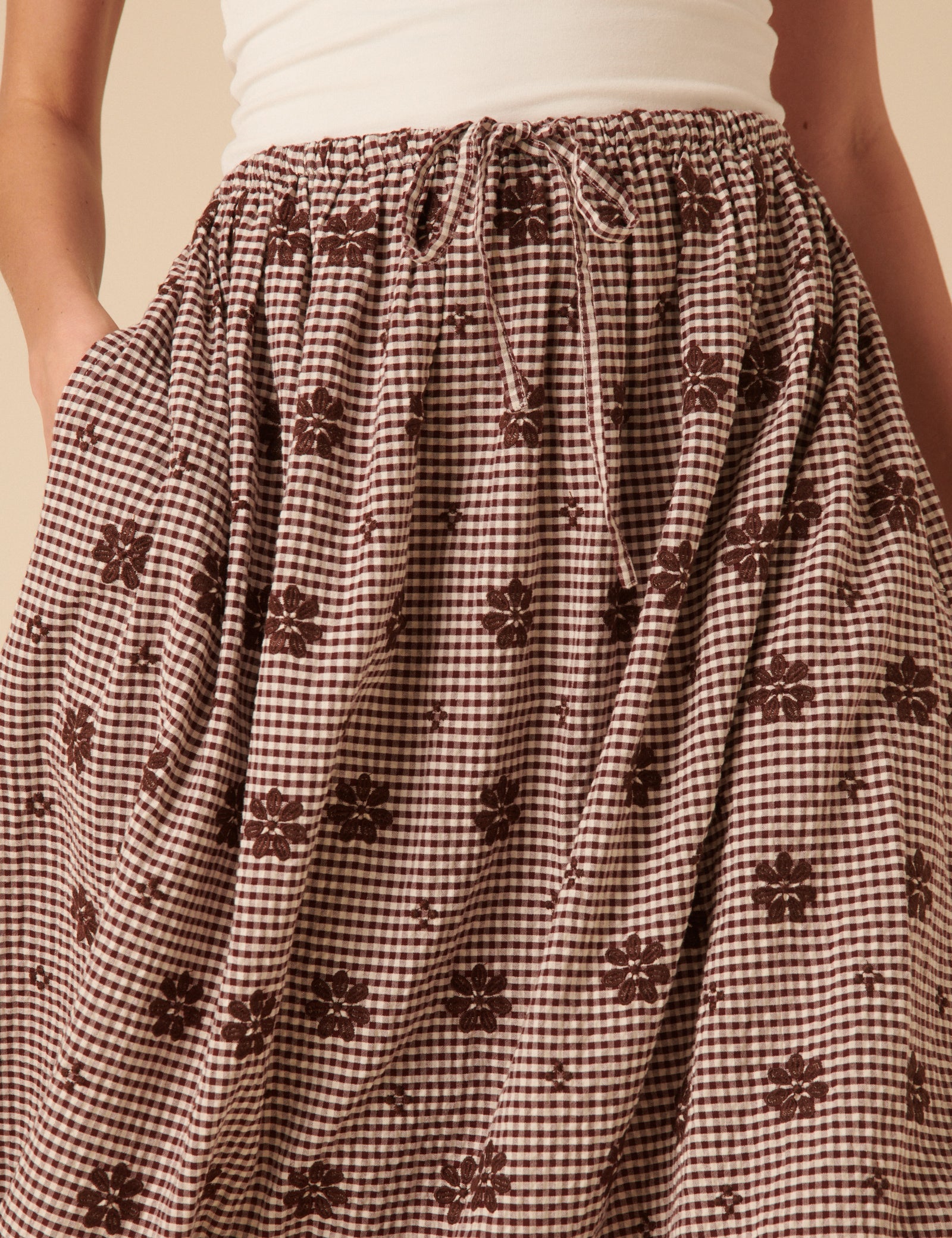 Brown Gingham Embroidered Naples Midi Skirt