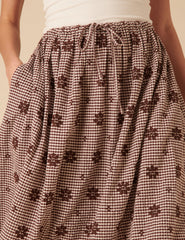 Brown Gingham Embroidered Naples Midi Skirt