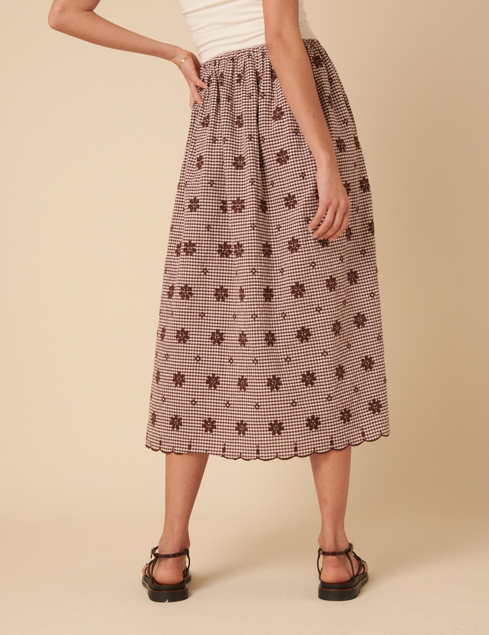 Brown Gingham Embroidered Naples Midi Skirt