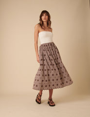 Brown Gingham Embroidered Naples Midi Skirt