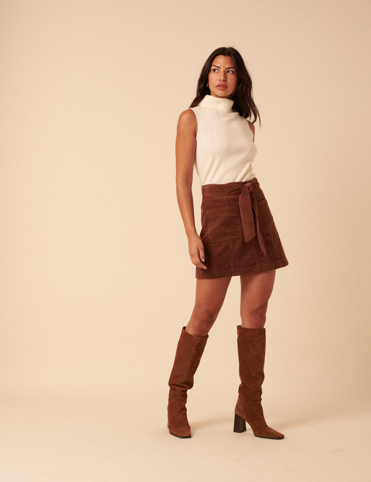 Brown Cord Tie Waist Mini Skirt
