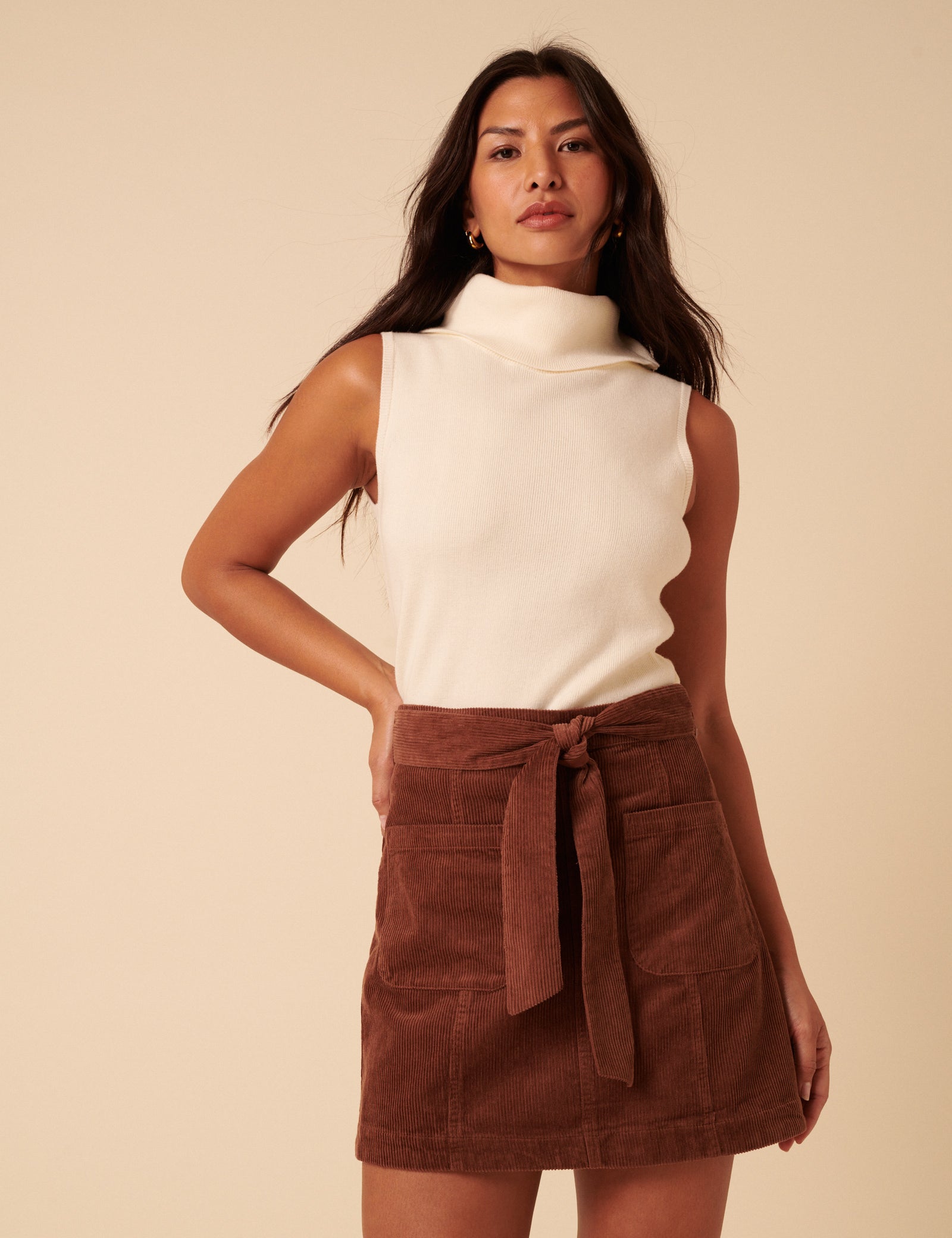 Brown Cord Tie Waist Mini Skirt