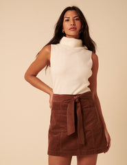 Brown Cord Tie Waist Mini Skirt