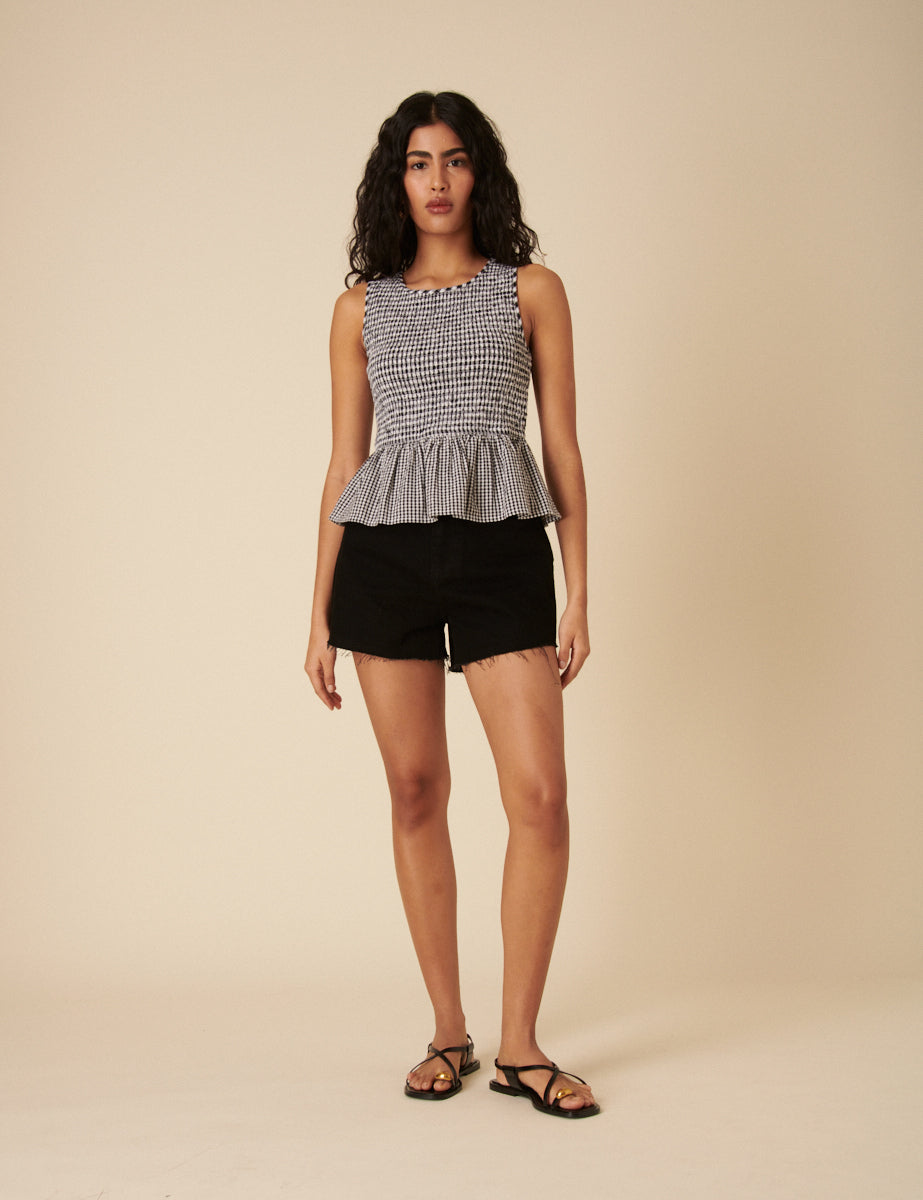 Black Gingham Peplum Top