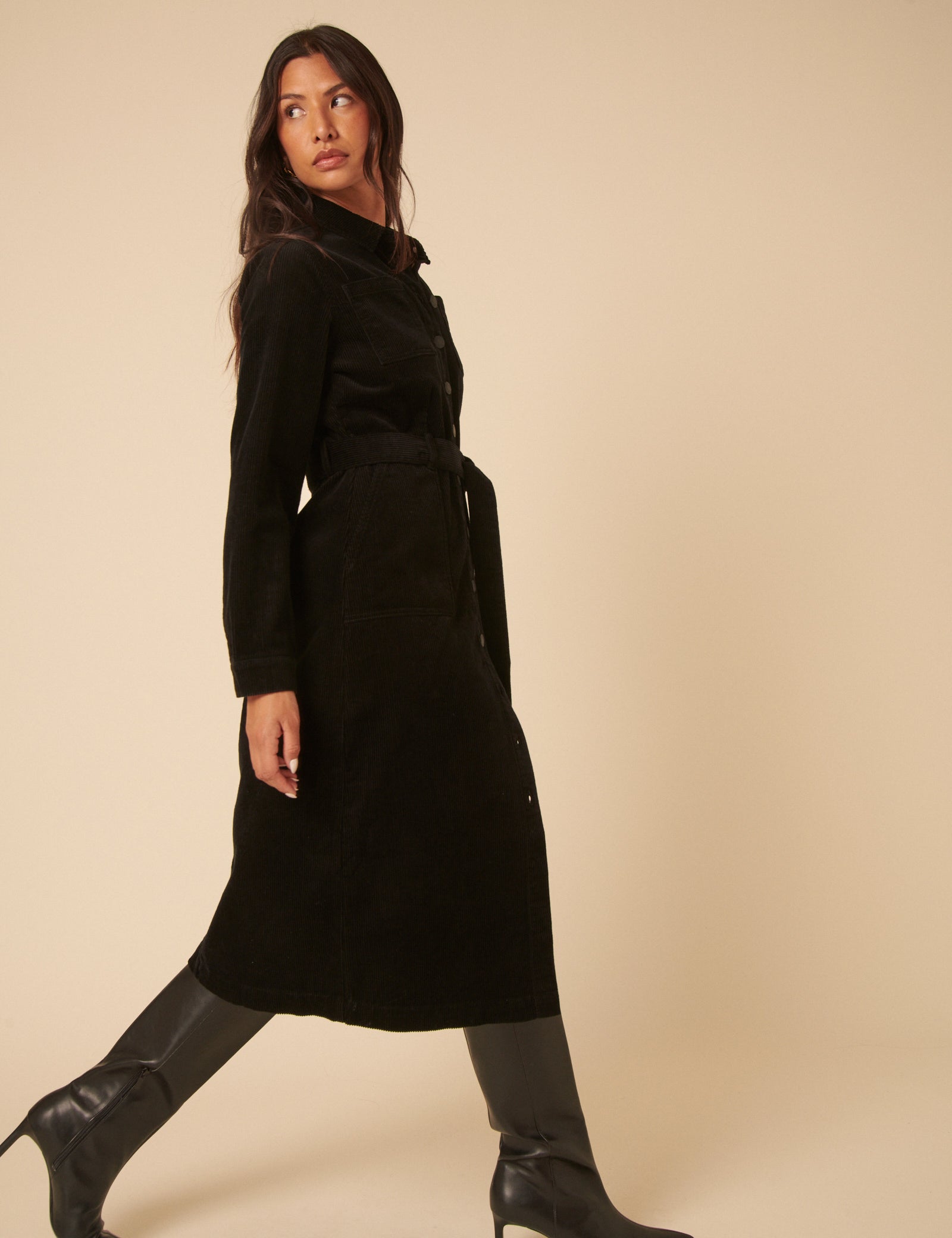Black Cord Finchley Midi Shirt Dress