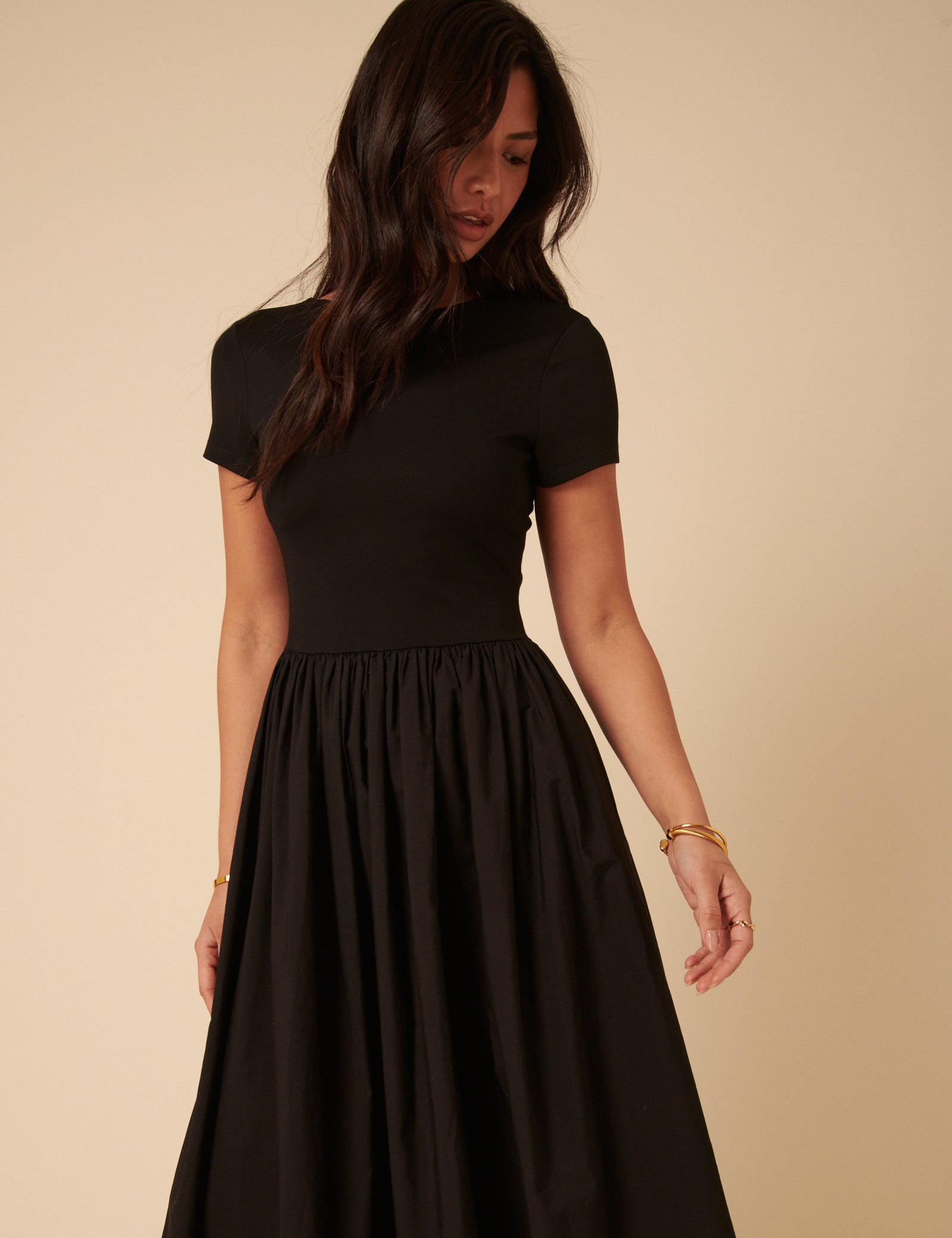 Black Short Sleeve A-line Sarah Midi Dress