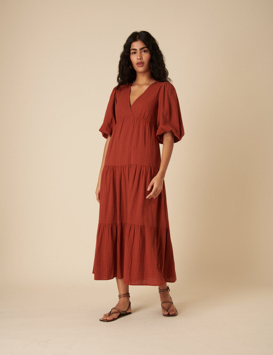 Burnt Orange Tiered Roselena Midi Dress