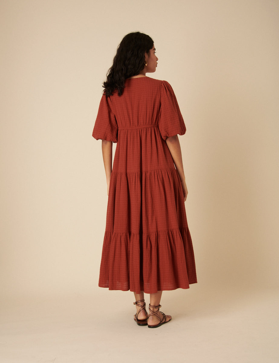 Burnt Orange Tiered Roselena Midi Dress