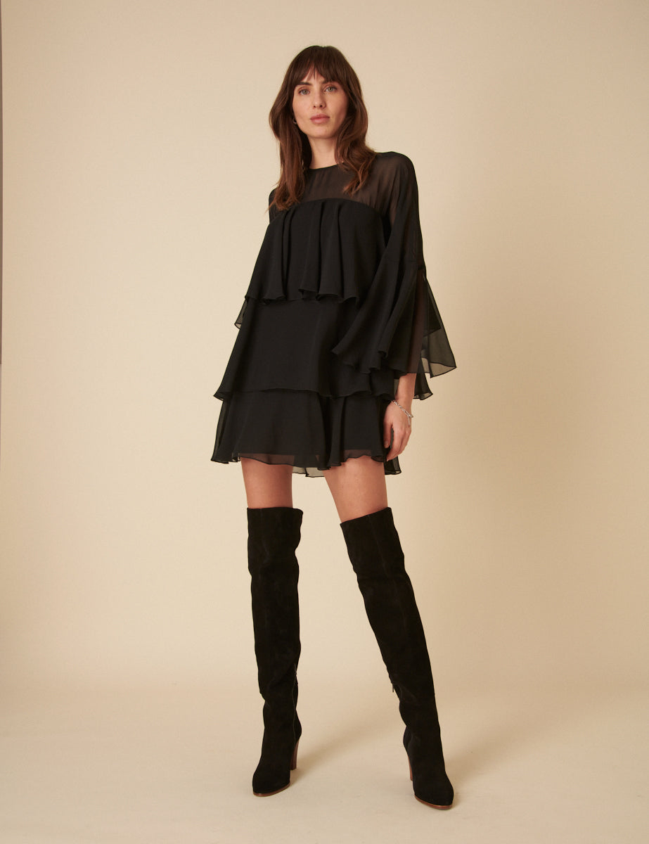 Black Ruffled Ret Mini Dress