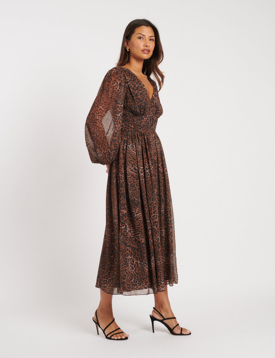 Leopard Print Chiffon Anya Midi Dress