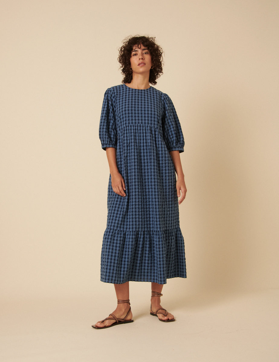Blue Gingham Smock Rachel Midi Dress
