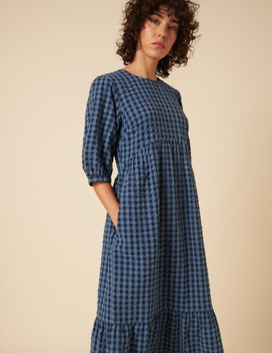 Blue Gingham Smock Rachel Midi Dress