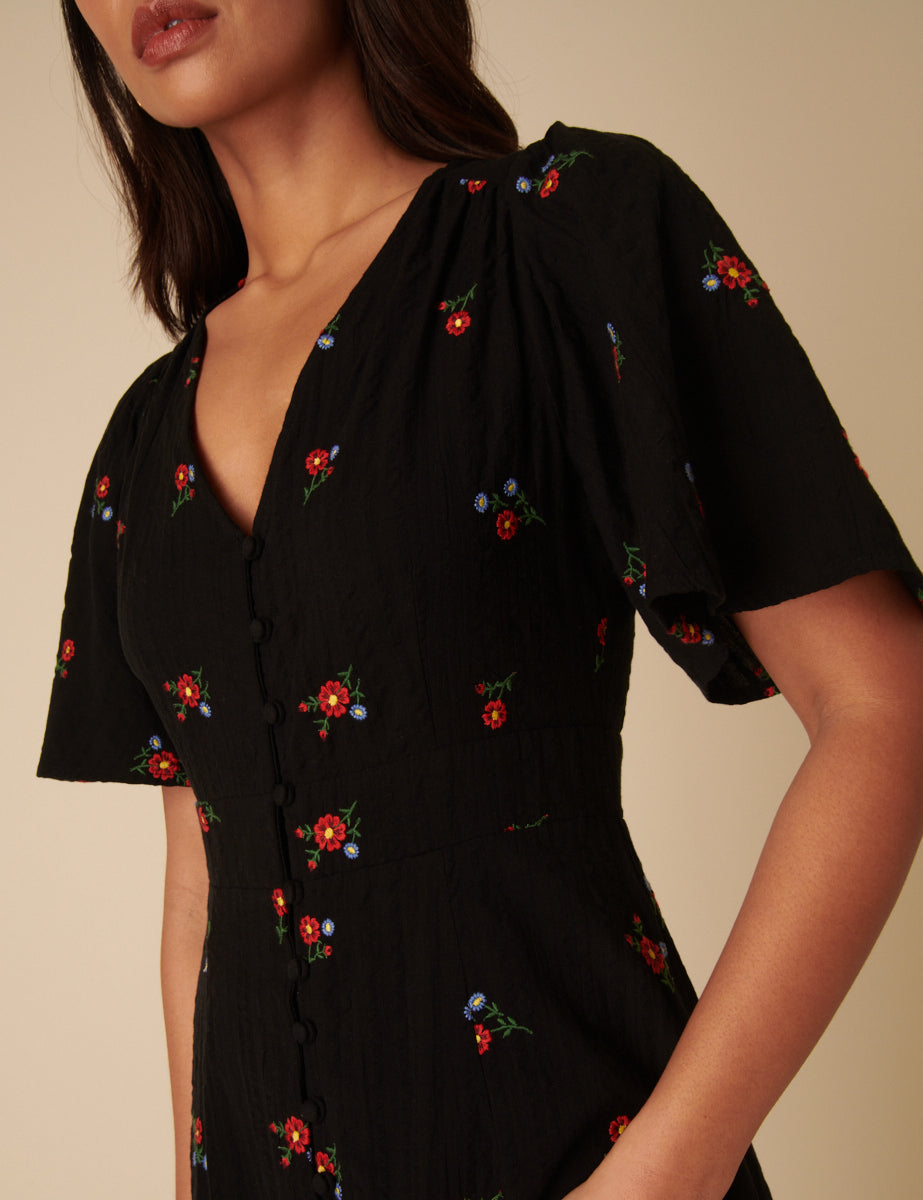 Black Floral Embroidered Andie Midi Dress