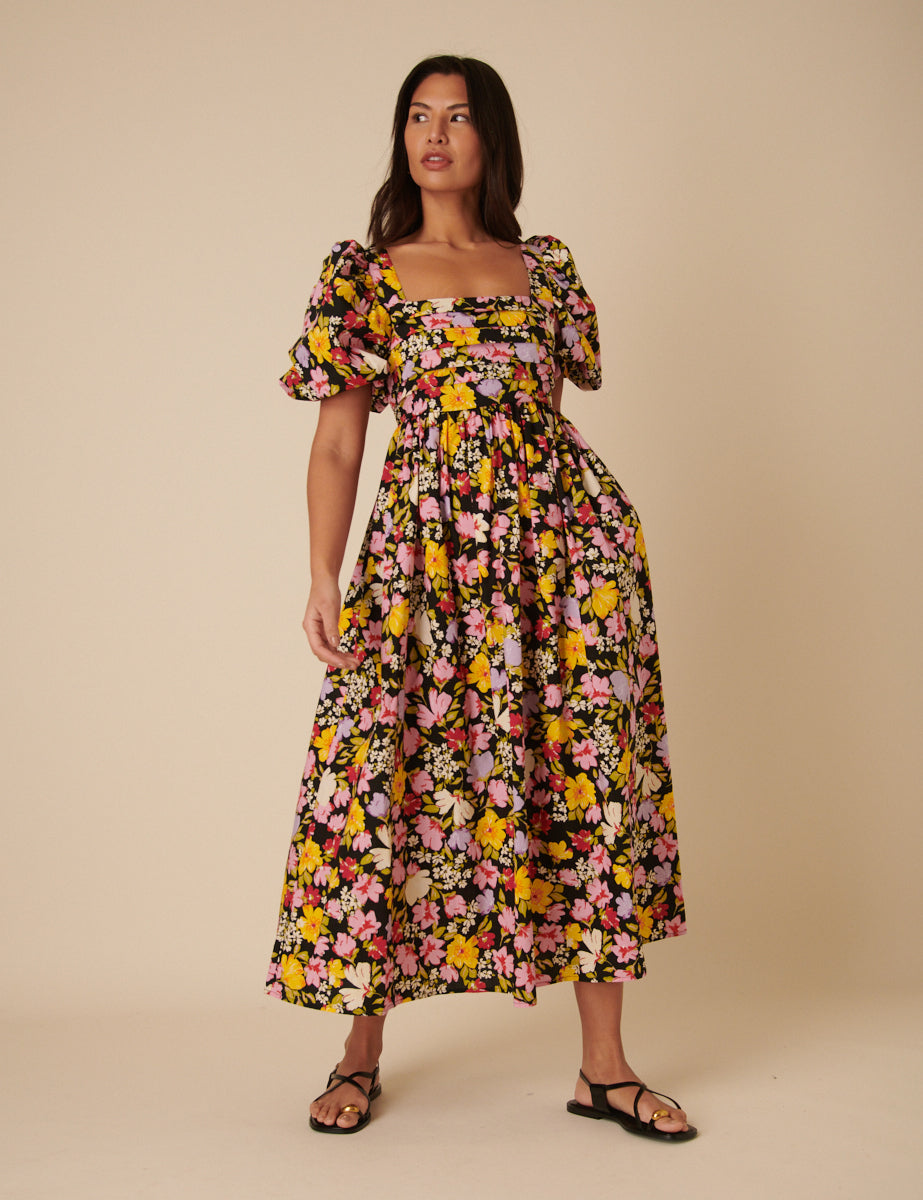 Black Floral Nova Midi Dress