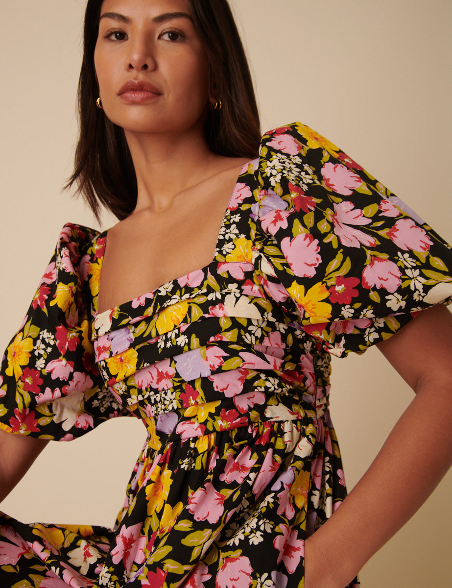Black Floral Nova Midi Dress