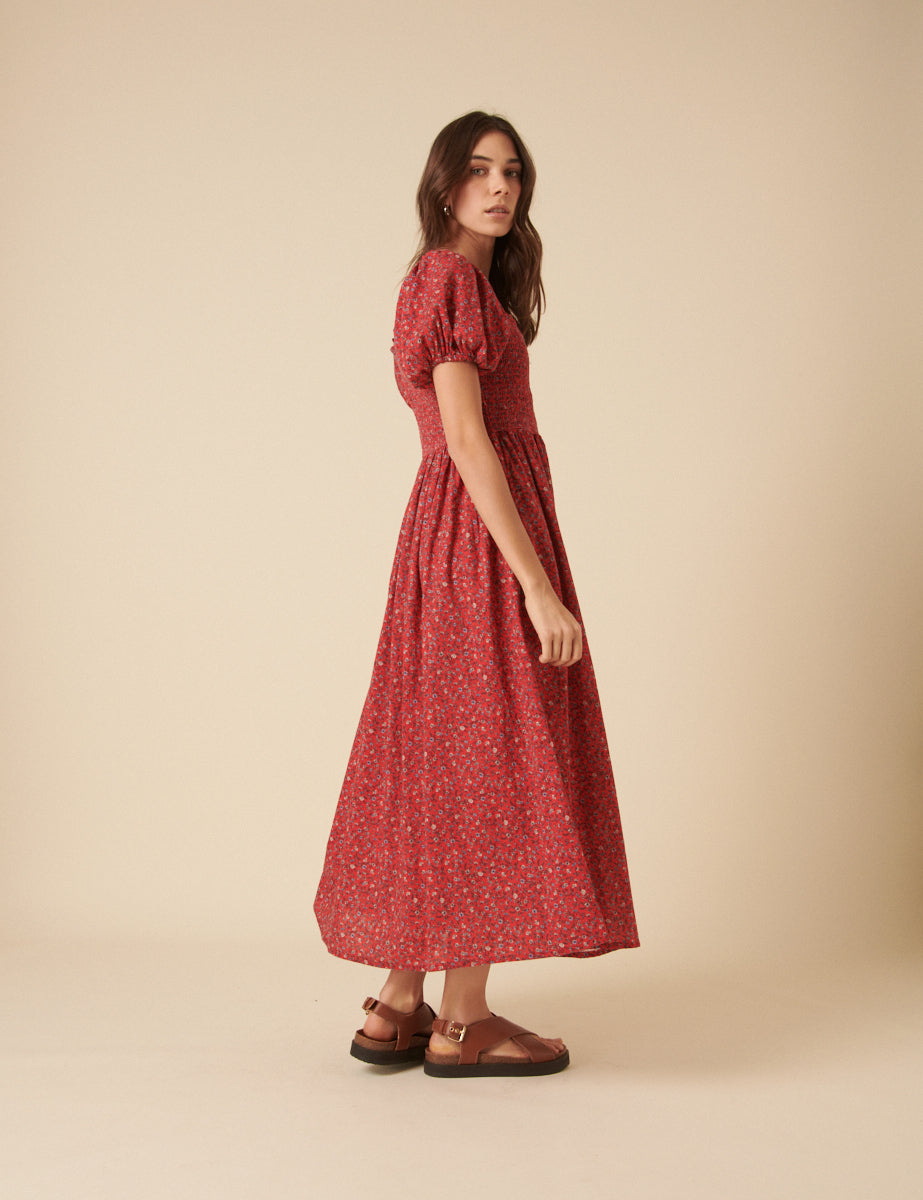 Red Ditsy Floral Tasmin Midi Dress